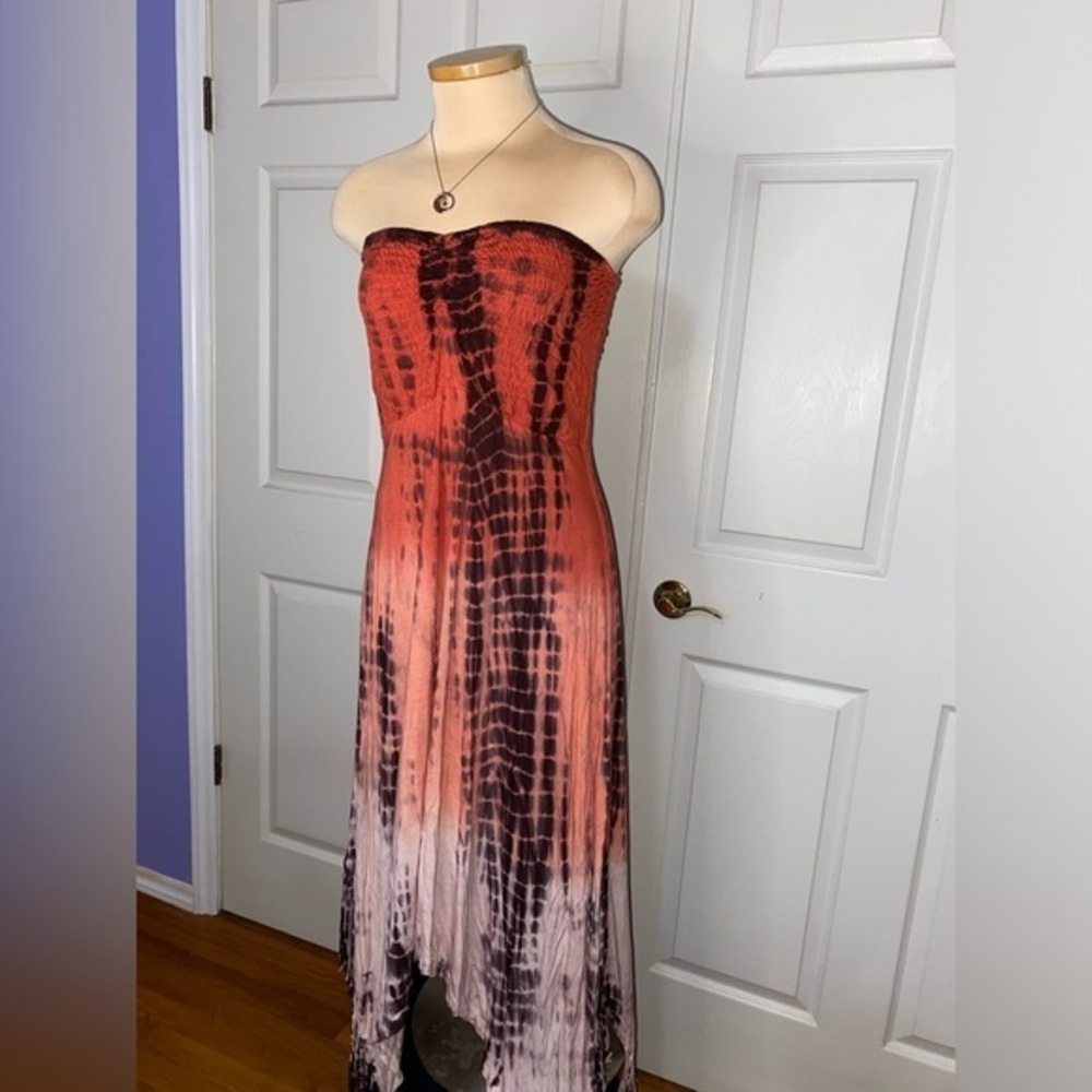 Raviya Strapless Orange Tie-Dye Maxi Dress Coastal Cowgirl Festival, Boho